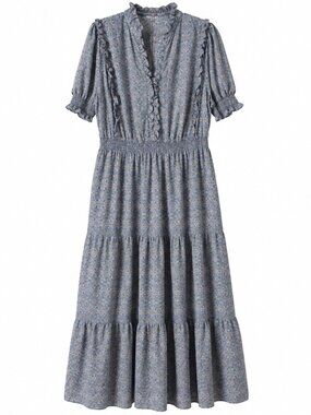 NWT Max Studio 3X Blue Floral Tiered Maxi Dress Ruffle Split Neck Smocked Waist